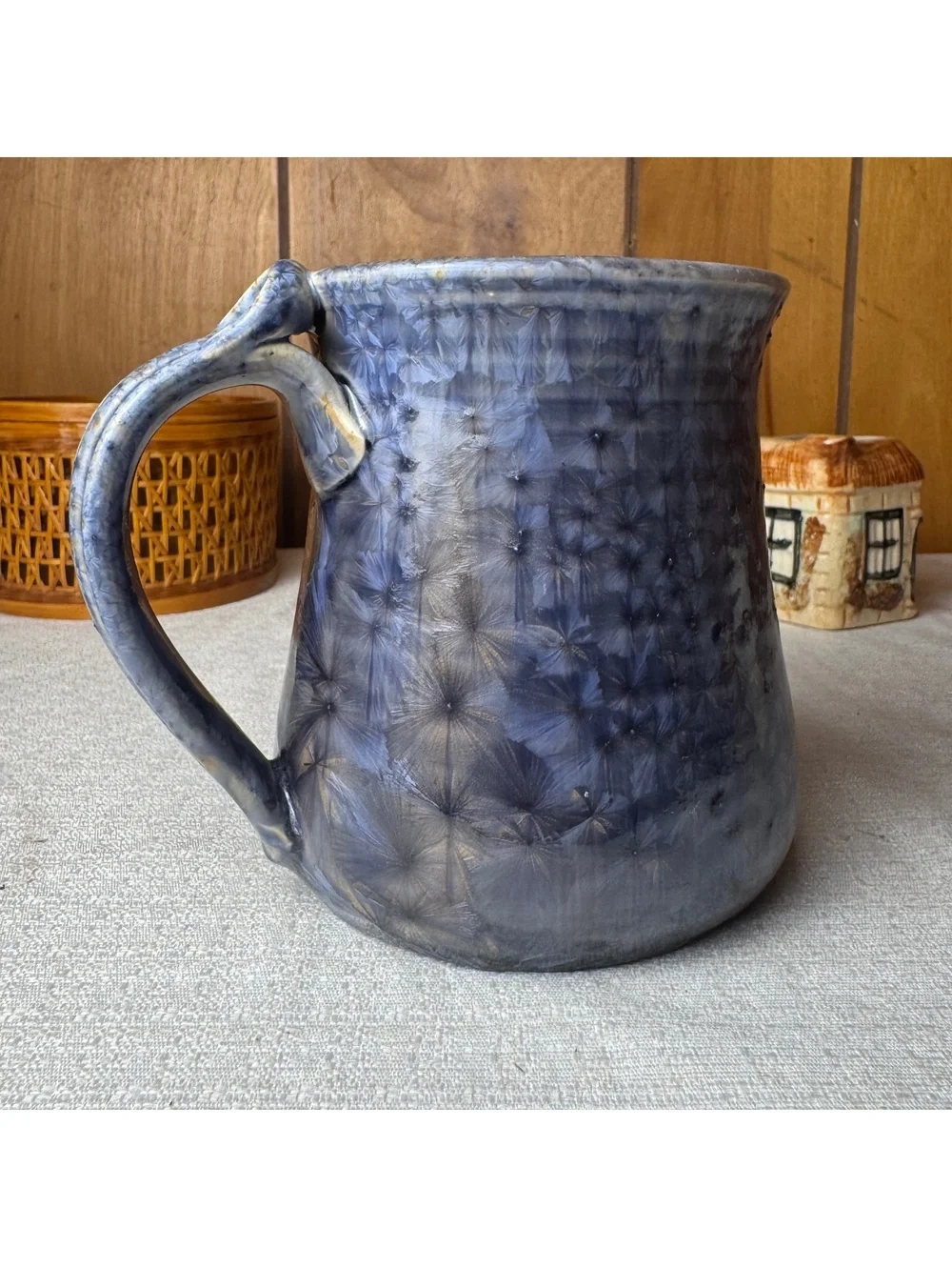 Vintage Studio Pottery Blue Crystalline Glaze Mug Handmade Signed 4.25 Inch